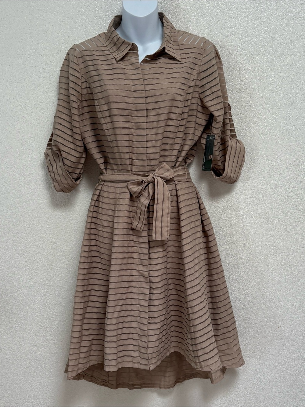 Donna Ricco Tan Striped Midi Shirt Dress with Tie Waist